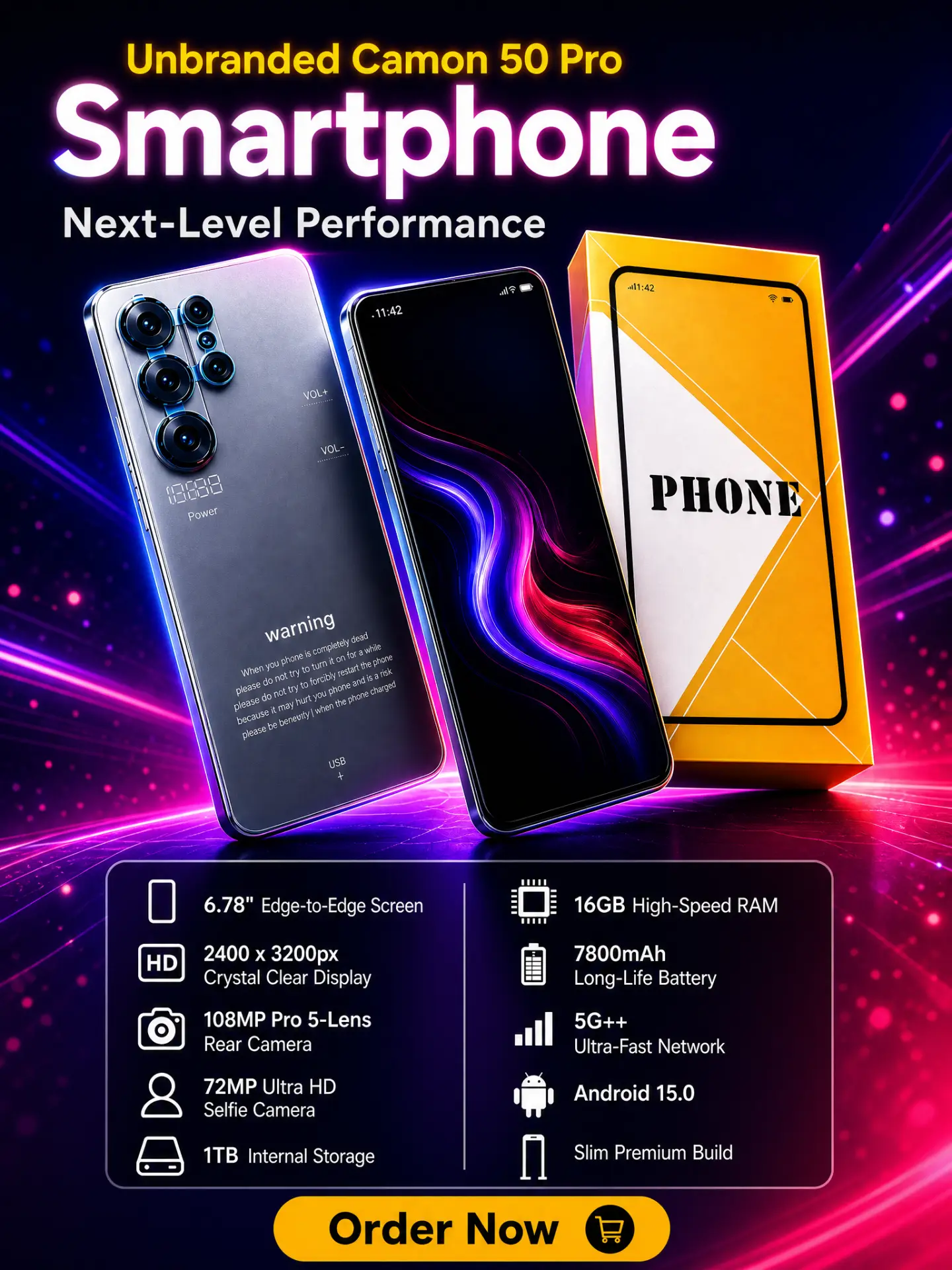 Unbranded Camon 50 Pro 5G smartphone with box, showing key specifications